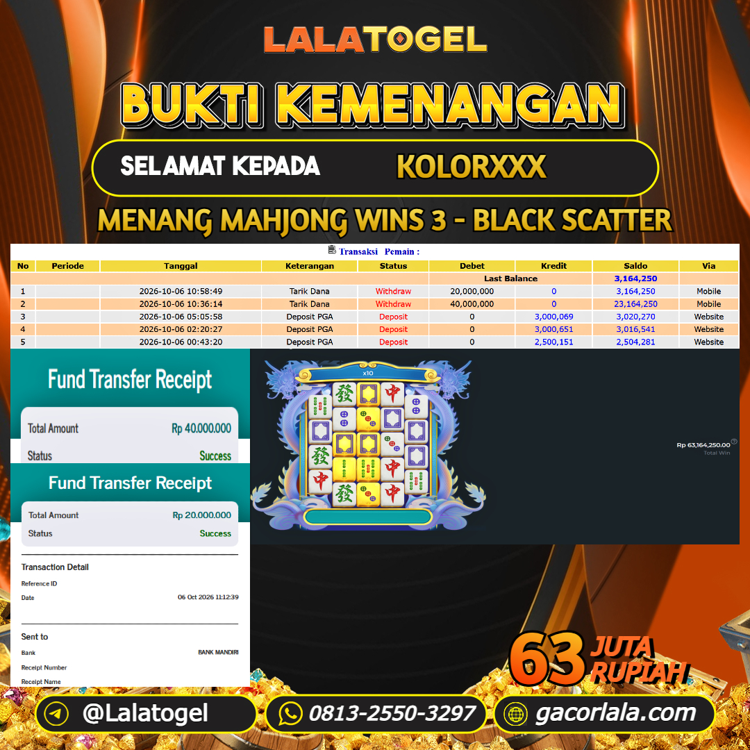 LALATOGEL JACKPOT SLOT GAMES MAHJONG WINS 3 - BLACK SCATTER RP.63.000.000, - LUNAS USER ID : KOLORXXX