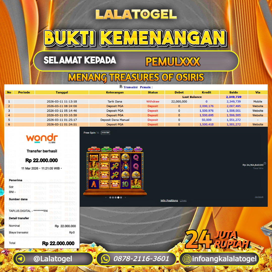 LALATOGEL JACKPOT SLOT TREASURES OF OSIRIS RP.24.000.000, - LUNAS USER ID :  PEMULXXX