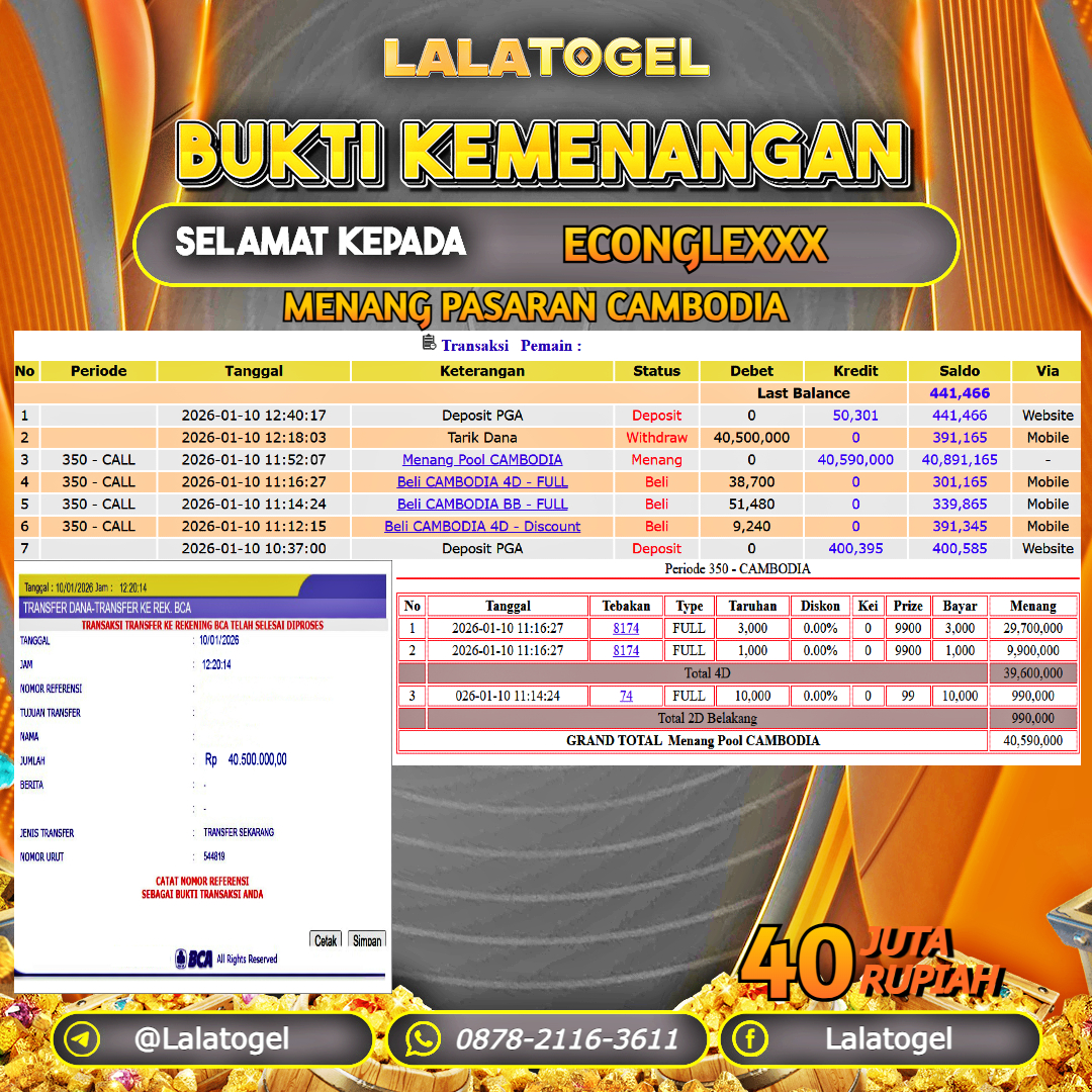 LALATOGEL JACKPOT TOGEL PASARAN CAMBODIA RP.40.000.000, - LUNAS USER ID : ECONGLEXXX 