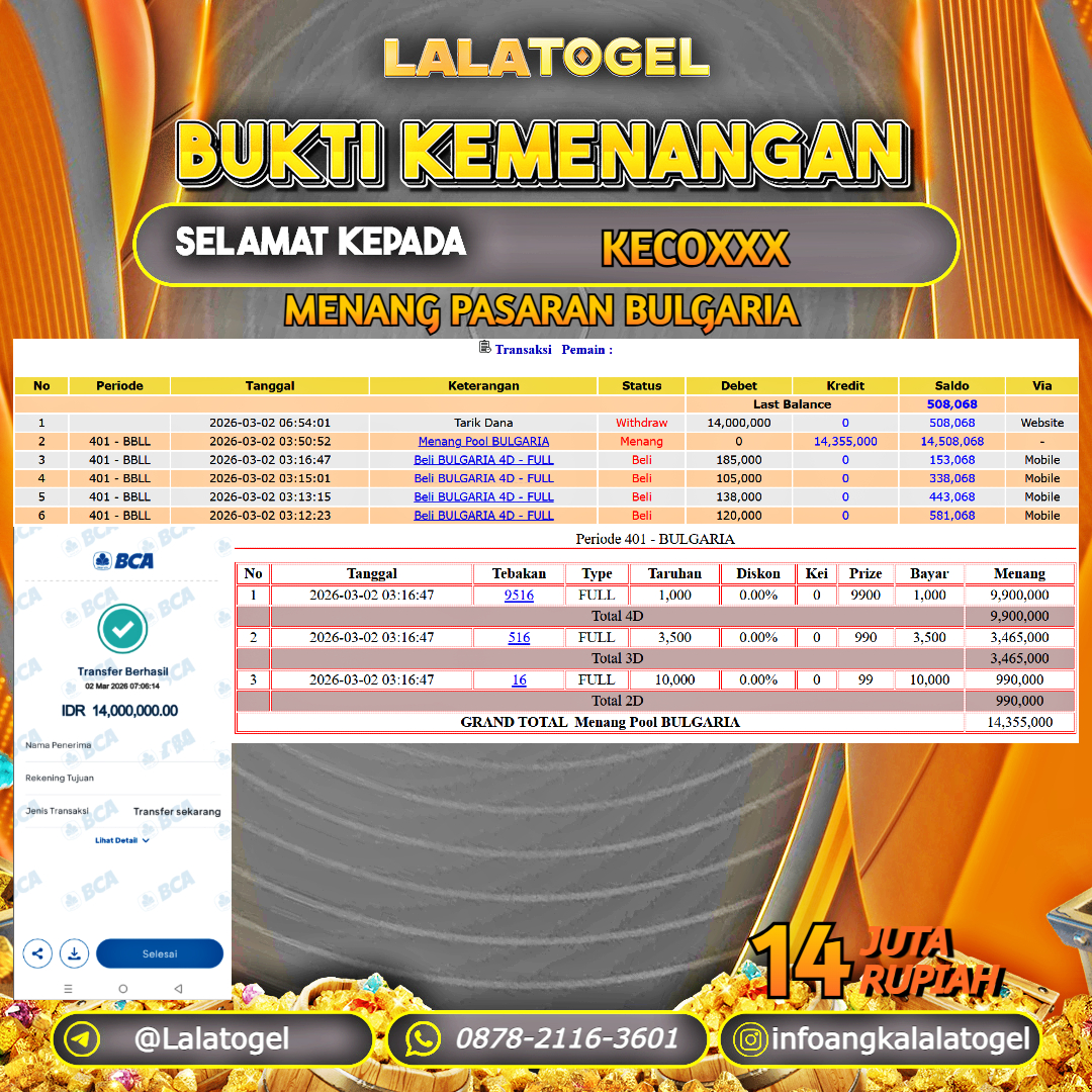 LALATOGEL JACKPOT TOGEL PASARAN BULGARIA RP.14.000.000, - LUNAS USER ID : KECOXXX