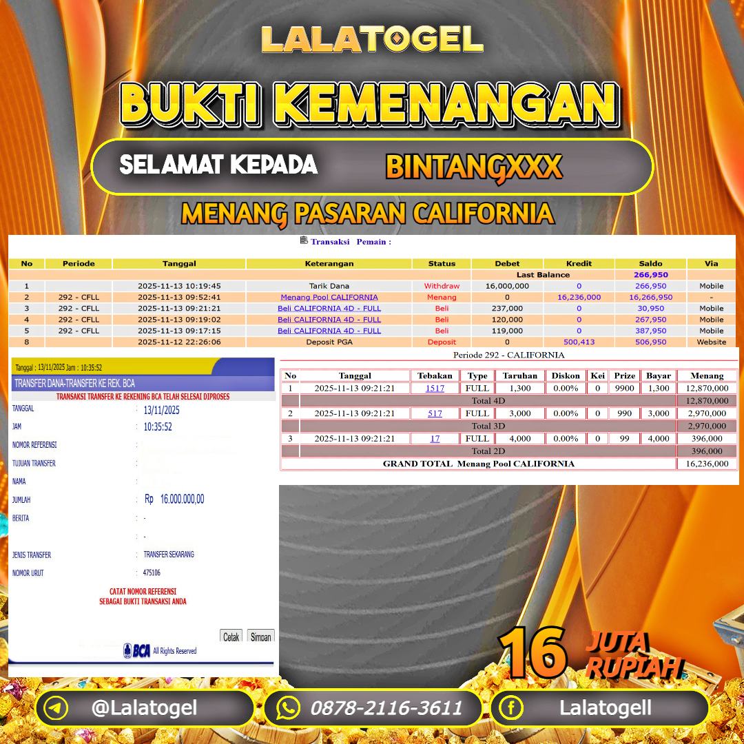 LALATOGEL JACKPOT TOGEL PASARAN CALIFORNIA RP.16.000.000, - LUNAS USER ID :   BINTANGXXX  