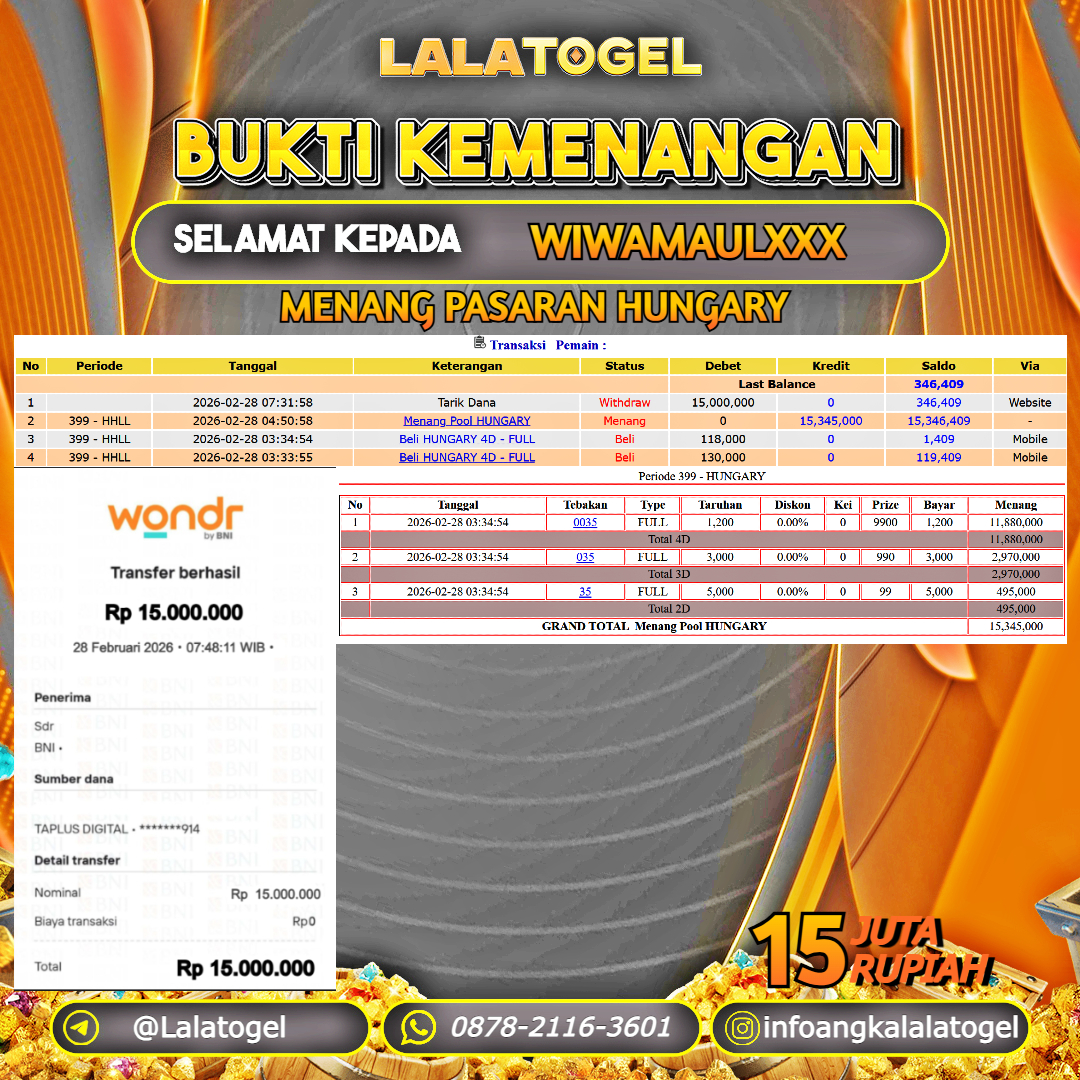 LALATOGEL JACKPOT TOGEL PASARAN HUNGARY RP.15.000.000, - LUNAS USER ID :  WIWAMAULXXX