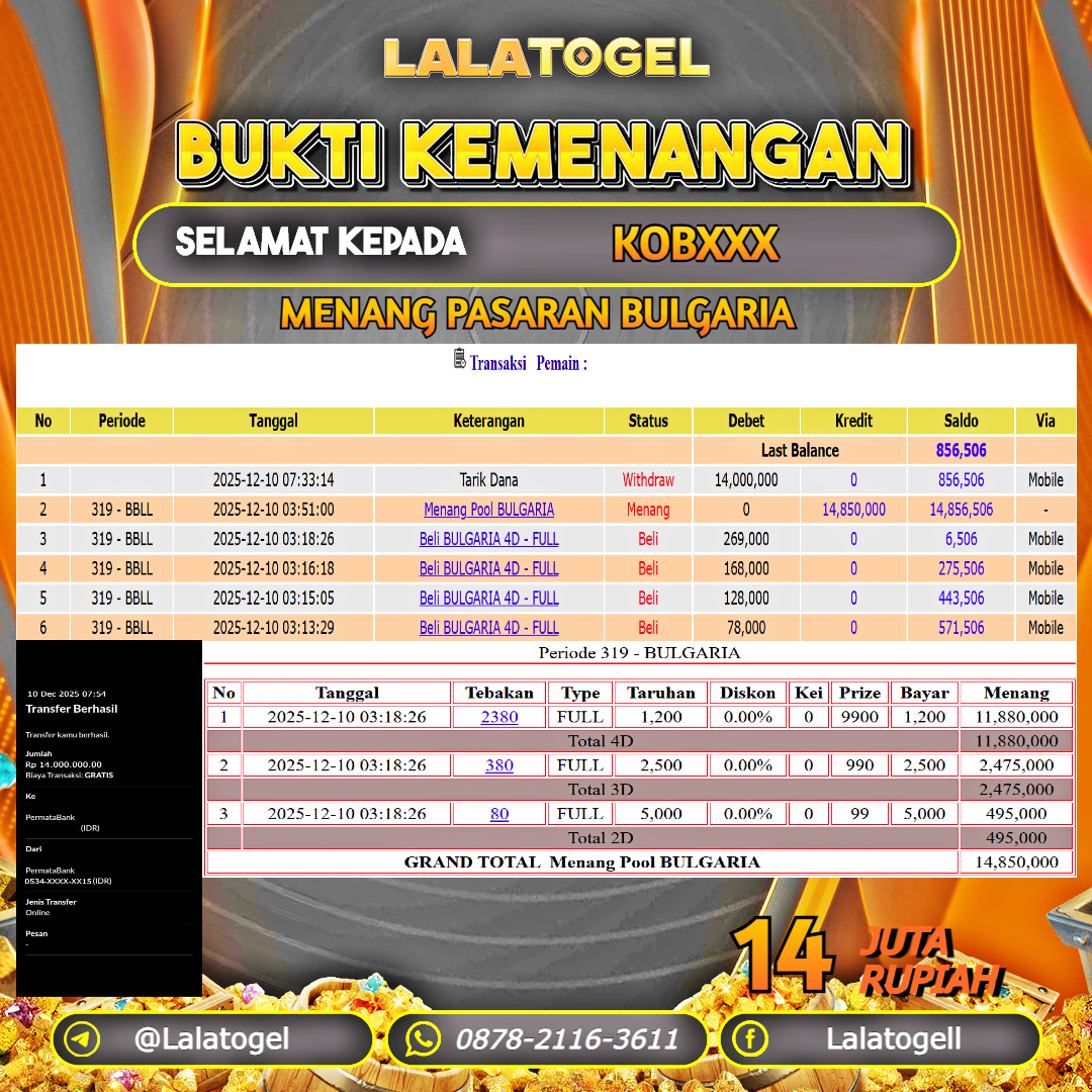 LALATOGEL JACKPOT TOGEL PASARAN BULGARIA RP.14.000.000, - LUNAS USER ID : KOBXXX	