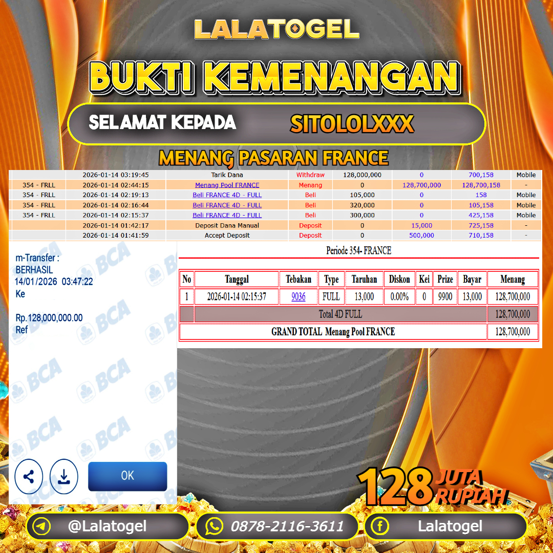LALATOGEL JACKPOT TOGEL PASARAN FRANCE RP.128.000.000, - LUNAS USER ID : SITOLOLXXX 