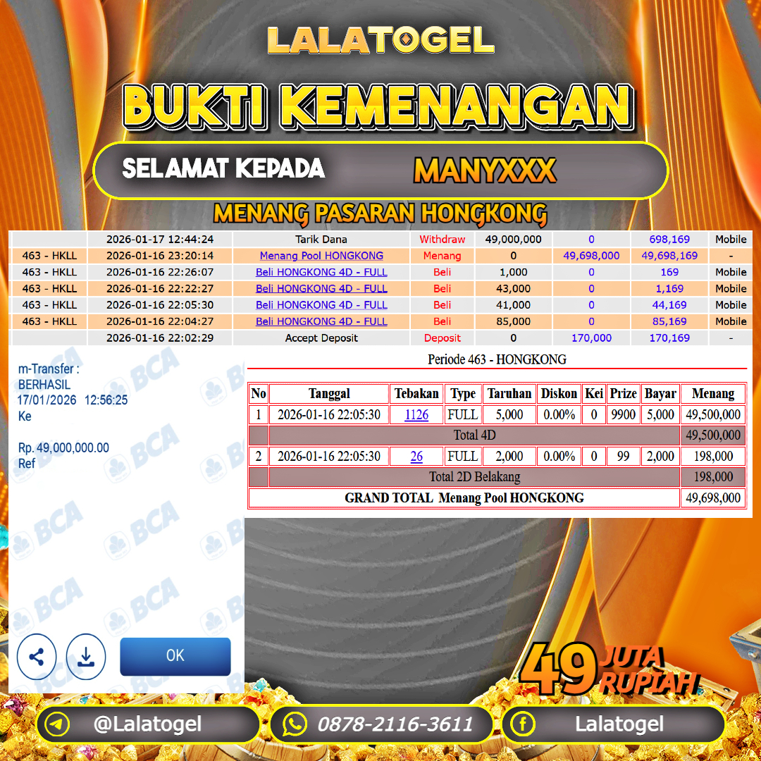 LALATOGEL JACKPOT TOGEL PASARAN HONGKONG RP.49.000.000, - LUNAS USER ID :  MANYXXX 