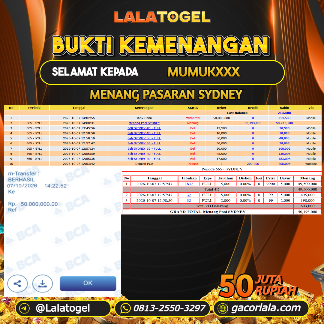 LALATOGEL JACKPOT TOGEL PASARAN SYDNEY RP.50.000.000, - LUNAS USER ID : MUMUKXXX