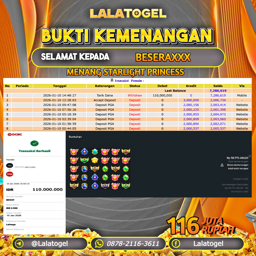 LALATOGEL JACKPOT SLOT STARLIGHT PRINCESS RP.116.000.000, - LUNAS USER ID : BESERAXXX