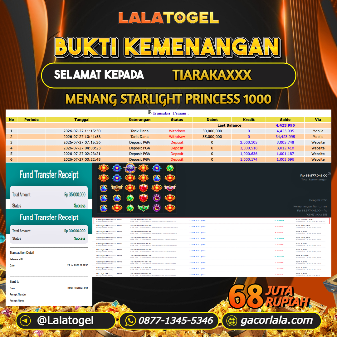 LALATOGEL JACKPOT SLOT GAMES STARLIGHT PRINCESS 1000 RP.68.000.000, - LUNAS USER ID : TIARAKAXXX