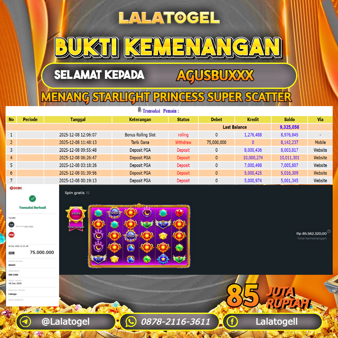LALATOGEL JACKPOT SLOT STARLIGHT PRINCESS SUPER SCATTER RP.85.000.000, - LUNAS USER  ID  :   AGUSBUXXX