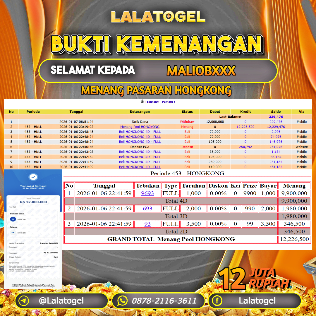 LALATOGEL JACKPOT TOGEL PASARAN HONGKONG RP.12.000.000, - LUNAS USER ID : MALIOBXXX 