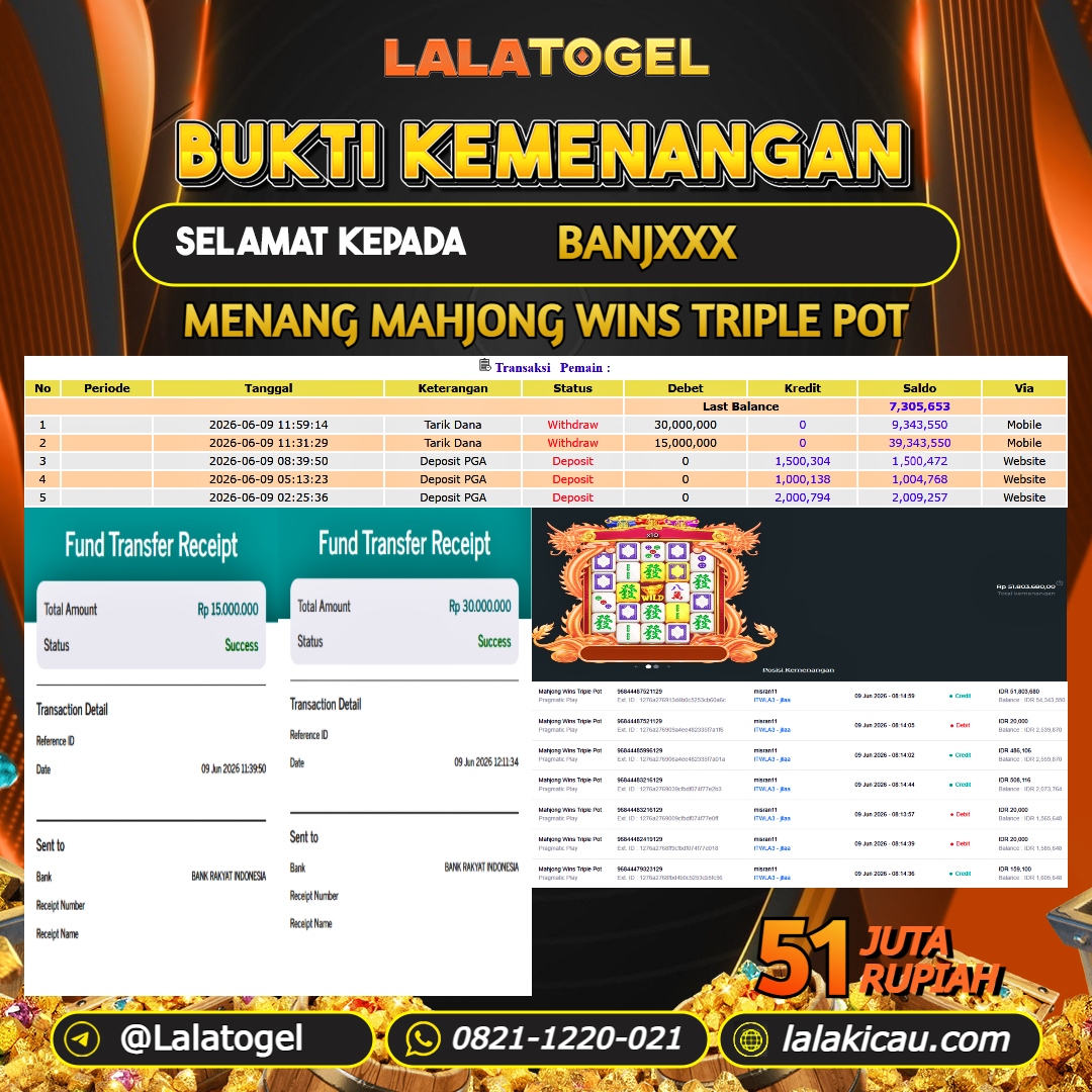 LALATOGEL JACKPOT SLOT MAHJONG WINS TRIPLE POT RP.51.000.000, - LUNAS USER ID : BANJXXX 