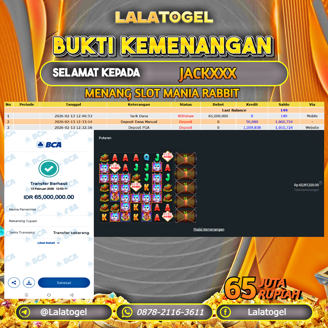 LALATOGEL JACKPOT SLOT SLOT MANIA RABBIT RP.65.000.000, - LUNAS USER ID : JACKXXX 