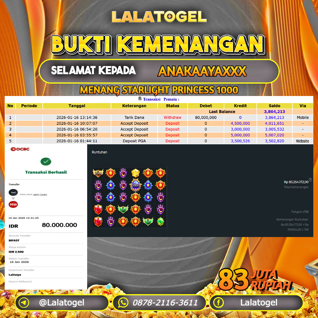 LALATOGEL JACKPOT SLOT STARLIGHT PRINCESS 1000 RP.83.000.000, - LUNAS USER ID :  ANAKAAYAXXX 