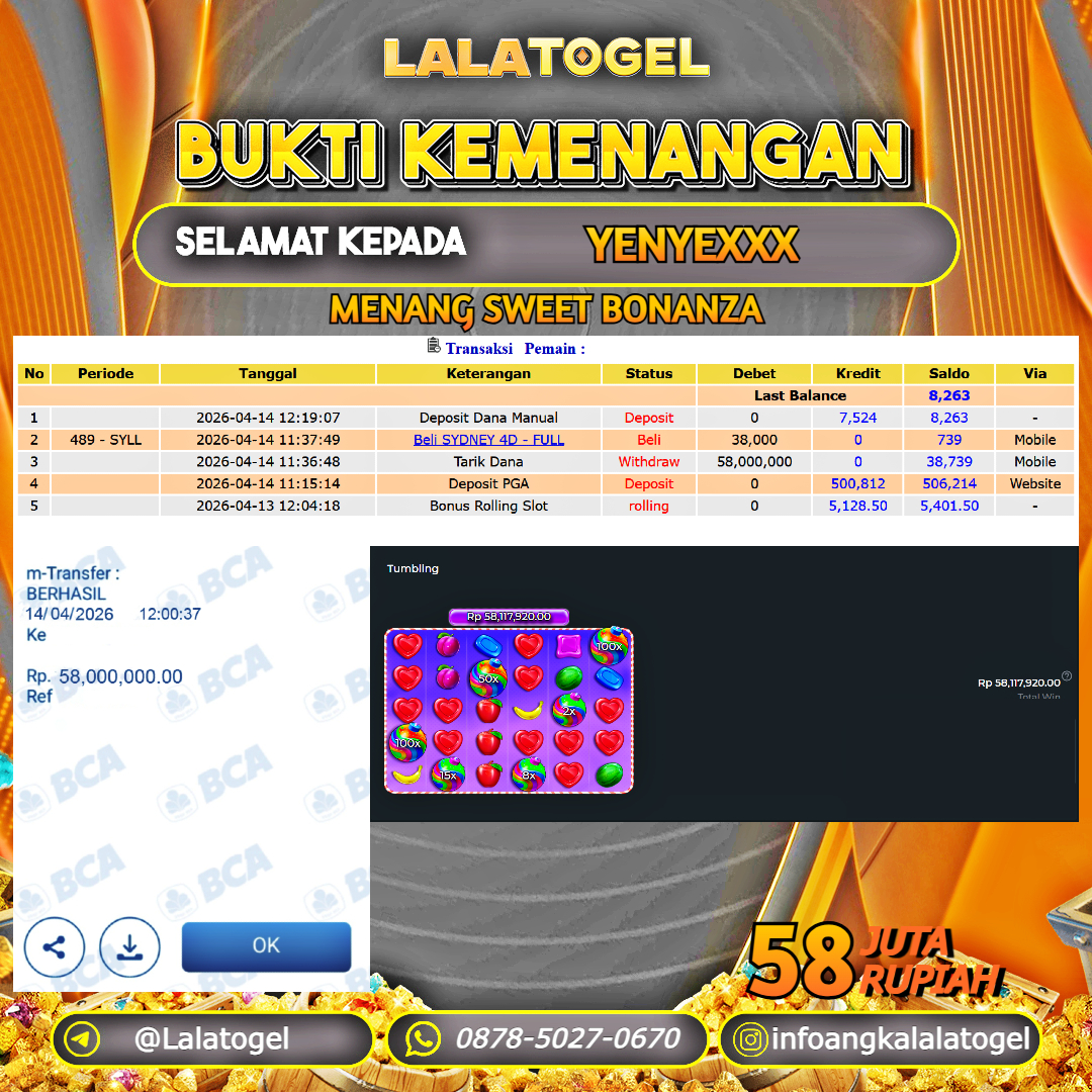 LALATOGEL JACKPOT SLOT SWEET BONANZA RP.58.000.000, - LUNAS USER ID :  YENYEXXX