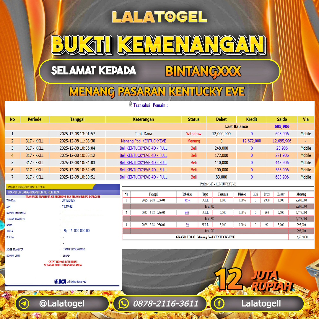 LALATOGEL JACKPOT TOGEL PASARAN KENTUCKY EVE RP.12.000.000, - LUNAS USER ID  : BINTANGXXX  