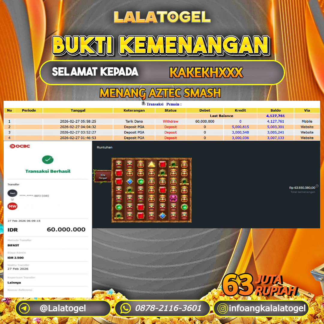 LALATOGEL JACKPOT SLOT AZTEC SMASH RP.63.000.000, - LUNAS USER ID : KAKEKHXXX 