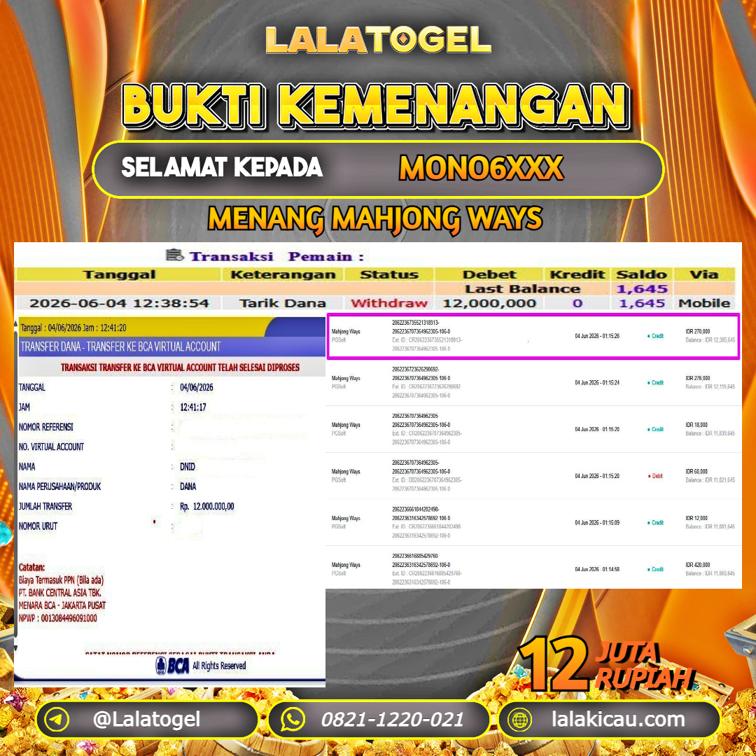 LALATOGEL JACKPOT SLOT MAHJONG WAYS RP.12.000.000, - LUNAS USER ID :  MONO6XXX 