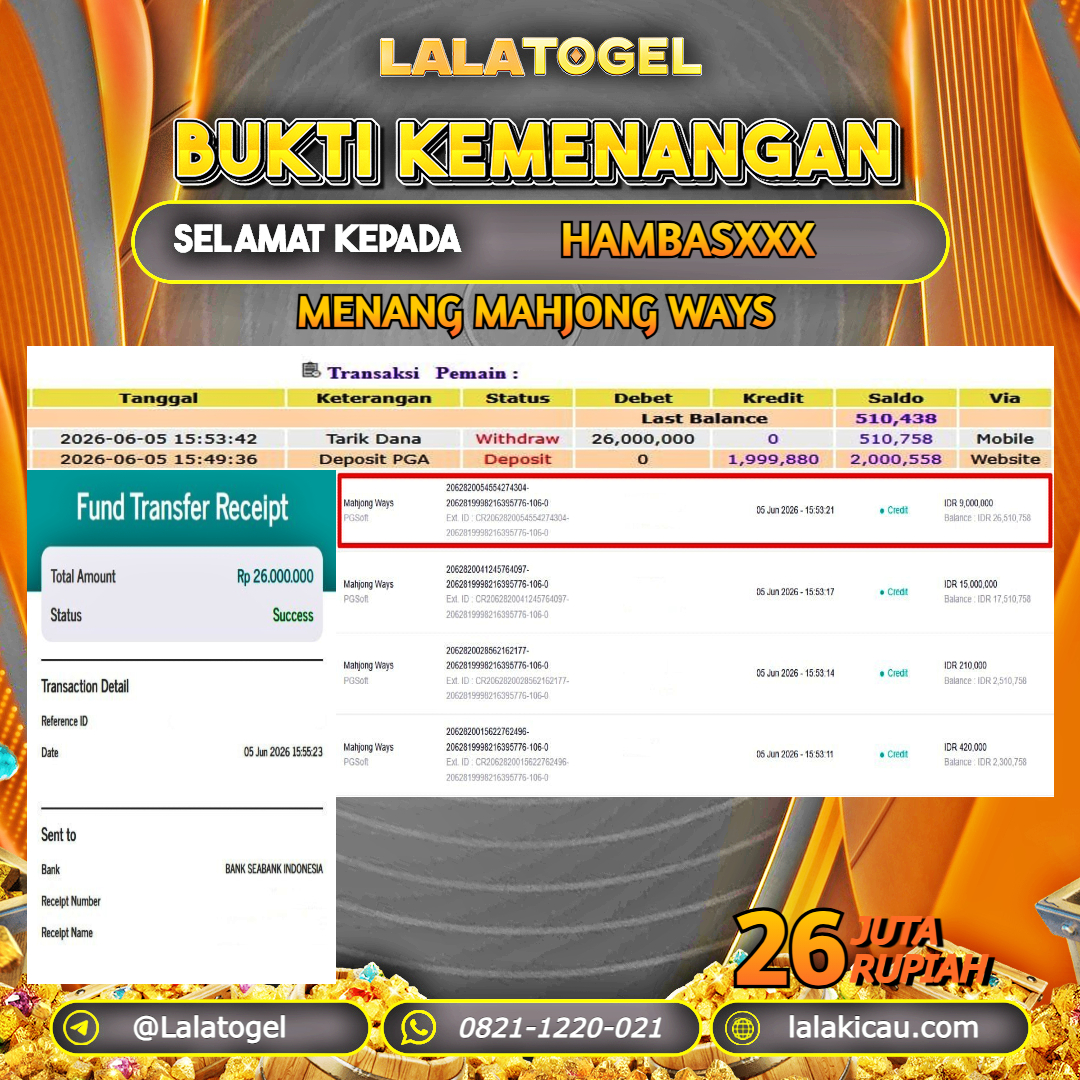 LALATOGEL JACKPOT SLOT MAHJONG WAYS RP.26.000.000, - LUNAS USER ID : HAMBASXXX 