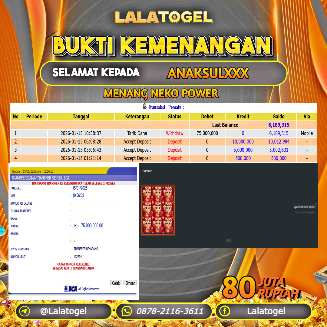 LALATOGEL JACKPOT SLOT NEKO POWER RP.80.000.000, - LUNAS USER ID : ANAKSULXXX