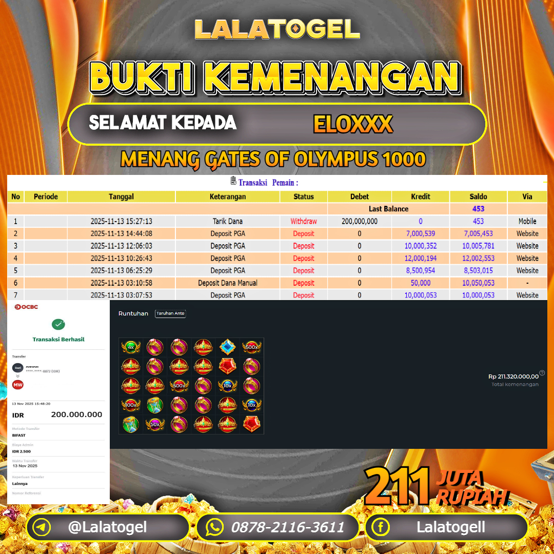 LALATOGEL JACKPOT SLOT GATES OF OLYMPUS 1000 RP.211.000.000, - LUNAS USER  ID  :  ELOXXX
