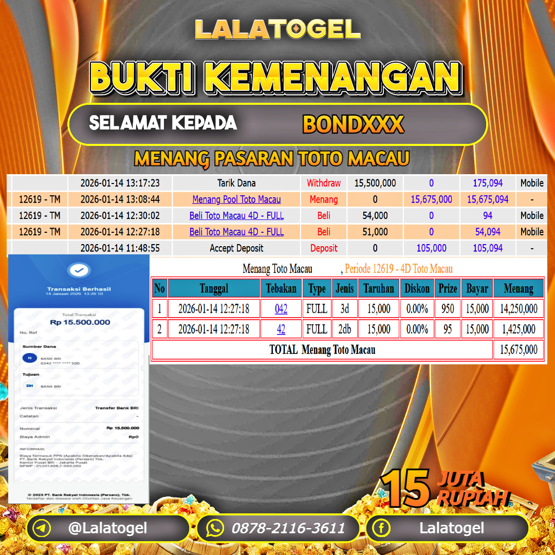 LALATOGEL JACKPOT TOGEL PASARAN TOTO MACAU RP.15.000.000, - LUNAS USER ID : BONDXXX