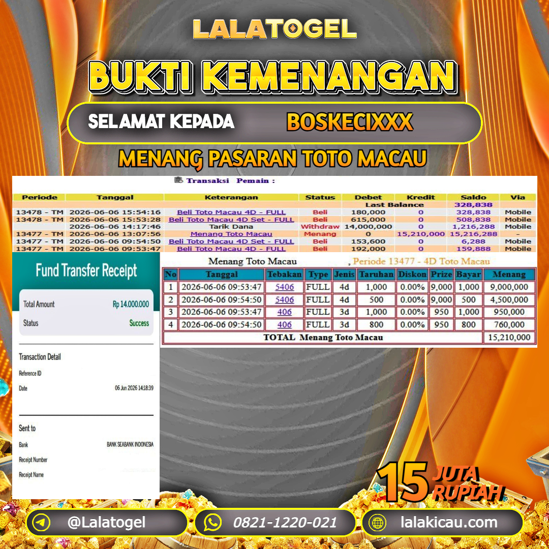 LALATOGEL JACKPOT TOGEL PASARAN TOTO MACAU RP.15.000.000, - LUNAS USER ID :  BOSKECIXXX 