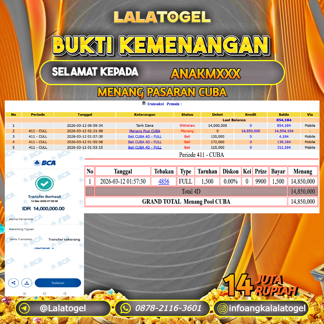 LALATOGEL JACKPOT TOGEL PASARAN CUBA RP.14.000.000, - LUNAS USER ID :  ANAKMXXX