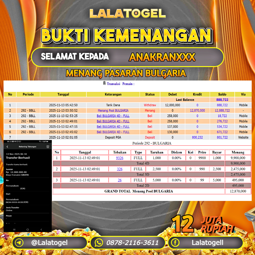 LALATOGEL JACKPOT TOGEL PASARAN BULGARIA RP.12.000.000, - LUNAS USER ID :   ANAKRANXXX  