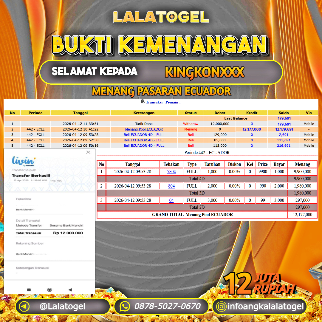 LALATOGEL JACKPOT TOGEL PASARAN ECUADOR RP.12.000.000, - LUNAS USER ID :  KINGKONXXX