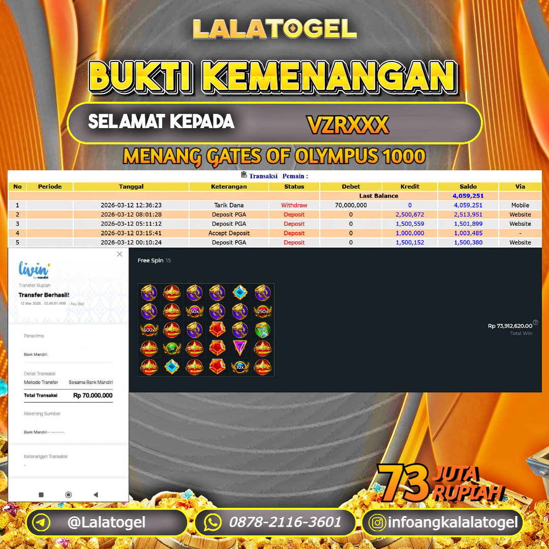LALATOGEL JACKPOT SLOT GATES OF OLYMPUS 1000 RP.73.000.000, - LUNAS USER ID :   VZRXXX