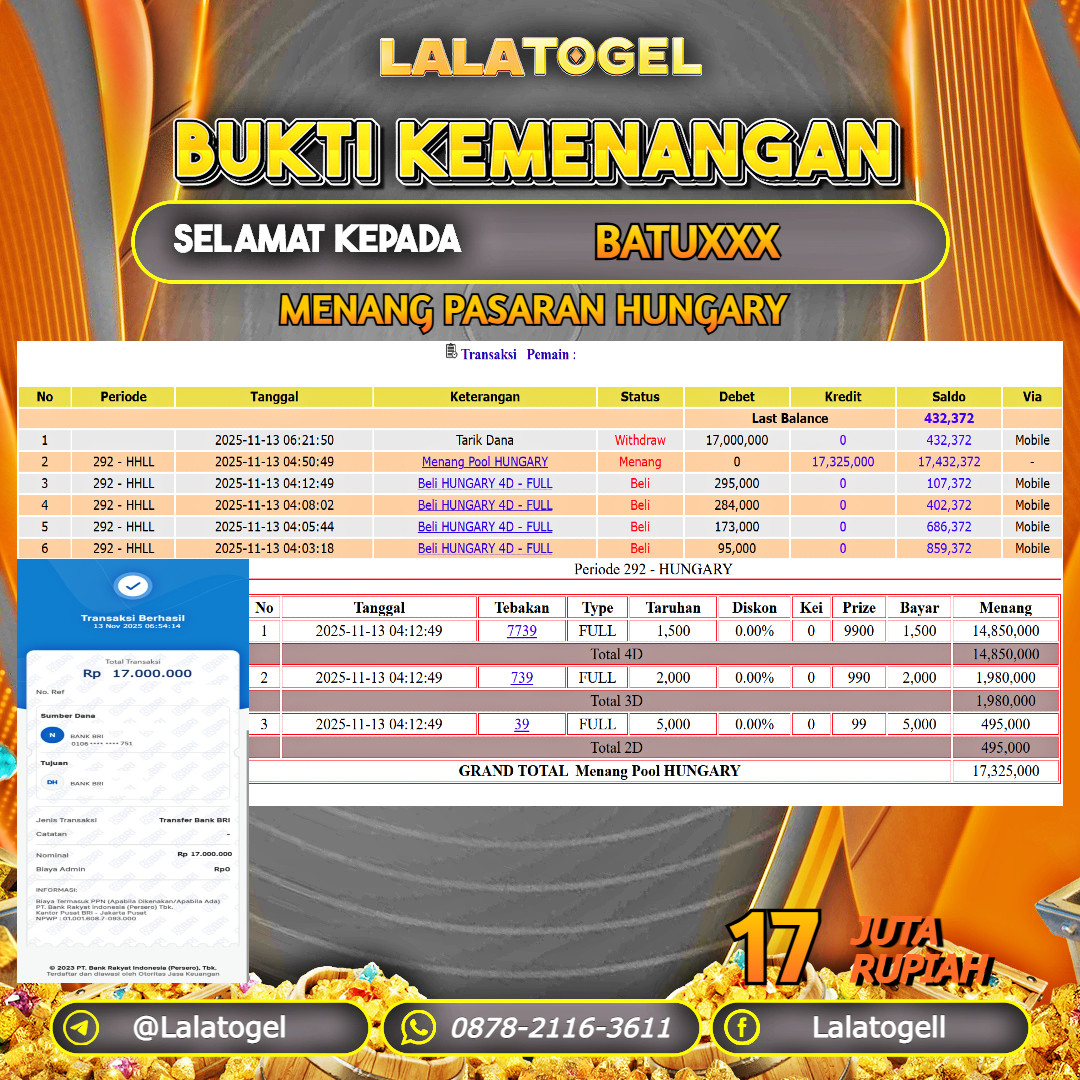 LALATOGEL JACKPOT TOGEL PASARAN HUNGARY RP.17.000.000, - LUNAS USER ID :   BATUXXX  