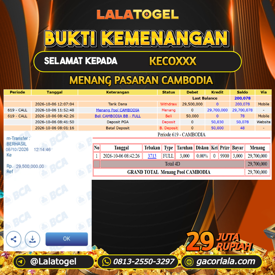 LALATOGEL JACKPOT TOGEL PASARAN CAMBODIA RP.29.000.000, - LUNAS USER ID : KECOXXX