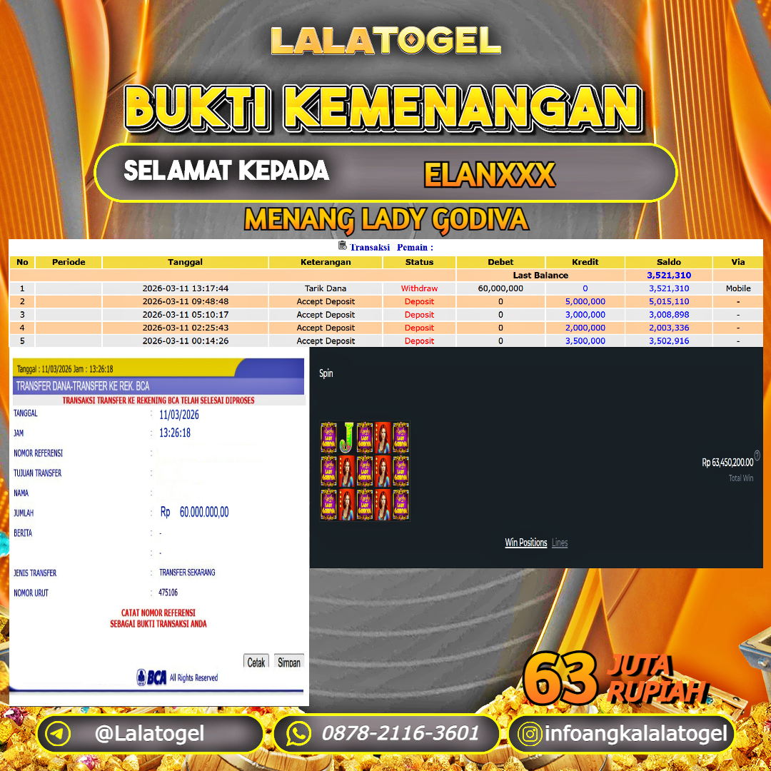 LALATOGEL JACKPOT SLOT LADY GODIVA RP.63.000.000, - LUNAS USER ID :  ELANXXX