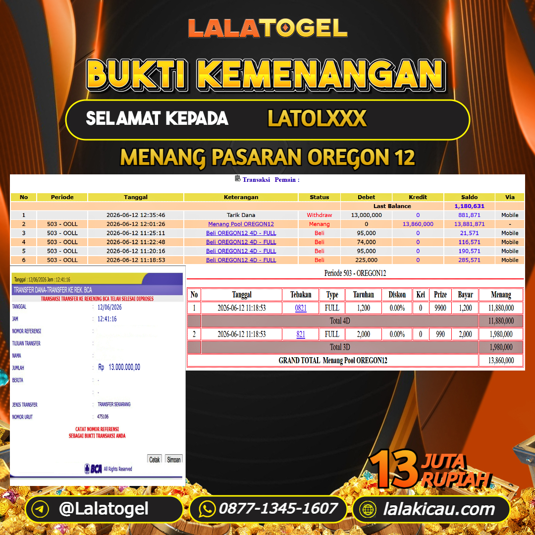 LALATOGEL JACKPOT TOGEL PASARAN OREGON 12 RP.13.000.000, - LUNAS USER ID : LATOLXXX 