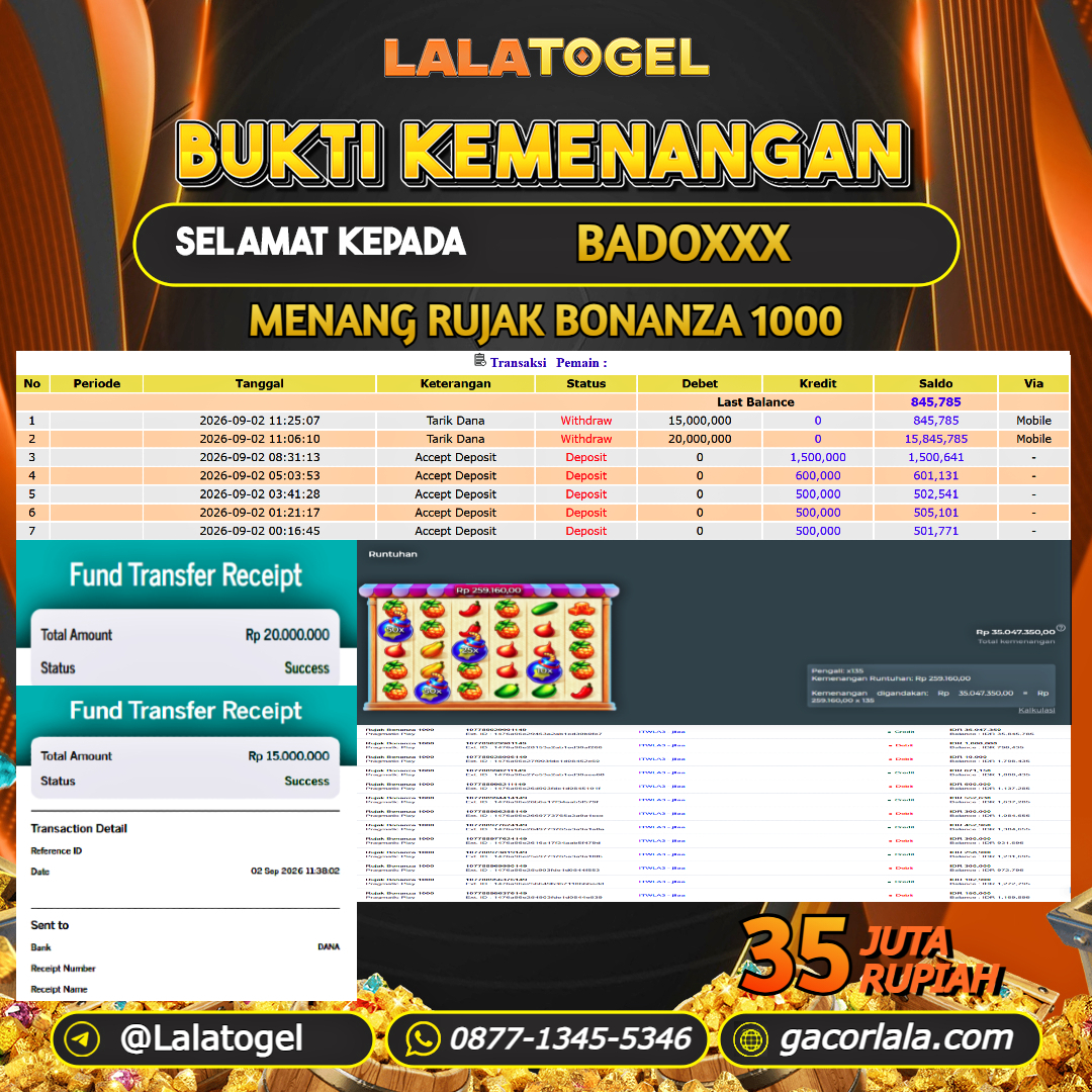 LALATOGEL JACKPOT SLOT GAMES RUJAK BONANZA 1000 RP.35.000.000, - LUNAS USER ID :  BADOXXX