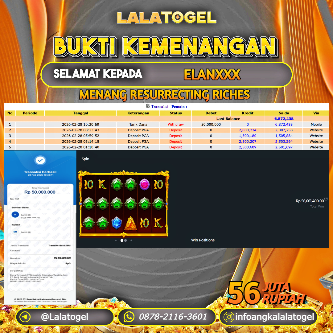 LALATOGEL JACKPOT SLOT RESURRECTING RICHES RP.56.000.000, - LUNAS USER ID : ELANXXX 
