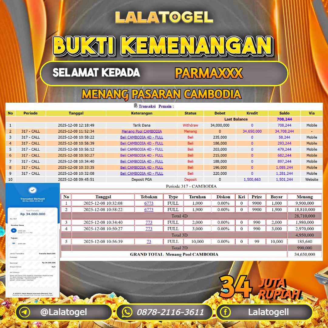 LALATOGEL JACKPOT TOGEL PASARAN CAMBODIA RP.34.000.000, - LUNAS USER ID  : PARMAXXX  