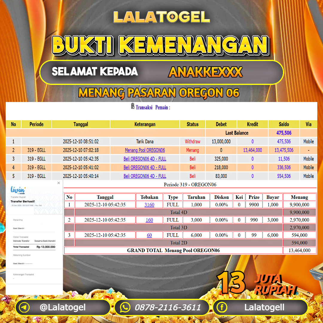 LALATOGEL JACKPOT TOGEL PASARAN OREGON 06 RP.13.000.000, - LUNAS USER ID : ANAKKEXXX	