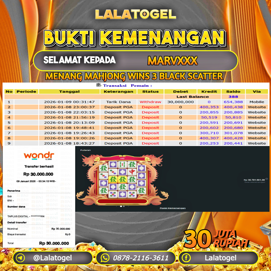 LALATOGEL JACKPOT SLOT MAHJONG WINS 3 BLACK SCATTER RP.30.000.000, - LUNAS USER ID : MARVXXX