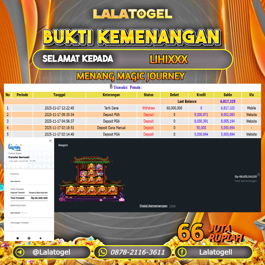 LALATOGEL JACKPOT SLOT MAGIC JOURNEY RP.66.000.000, - LUNAS USER  ID  :  LIHIXXX