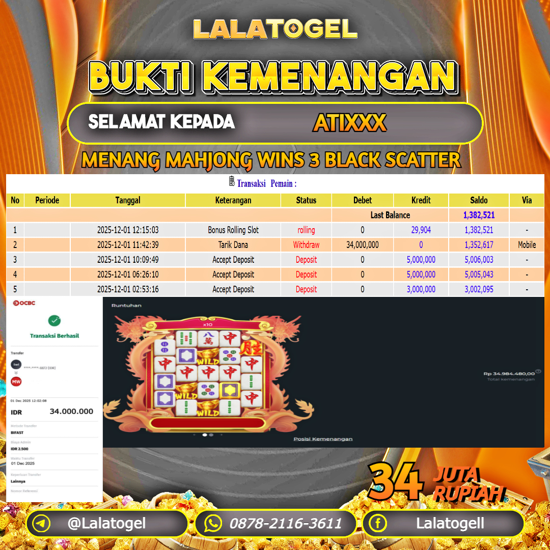 LALATOGEL JACKPOT SLOT MAHJONG WINS 3 BLACK SCATTER RP.34.000.000, - LUNAS USER  ID  :  ATIXXX