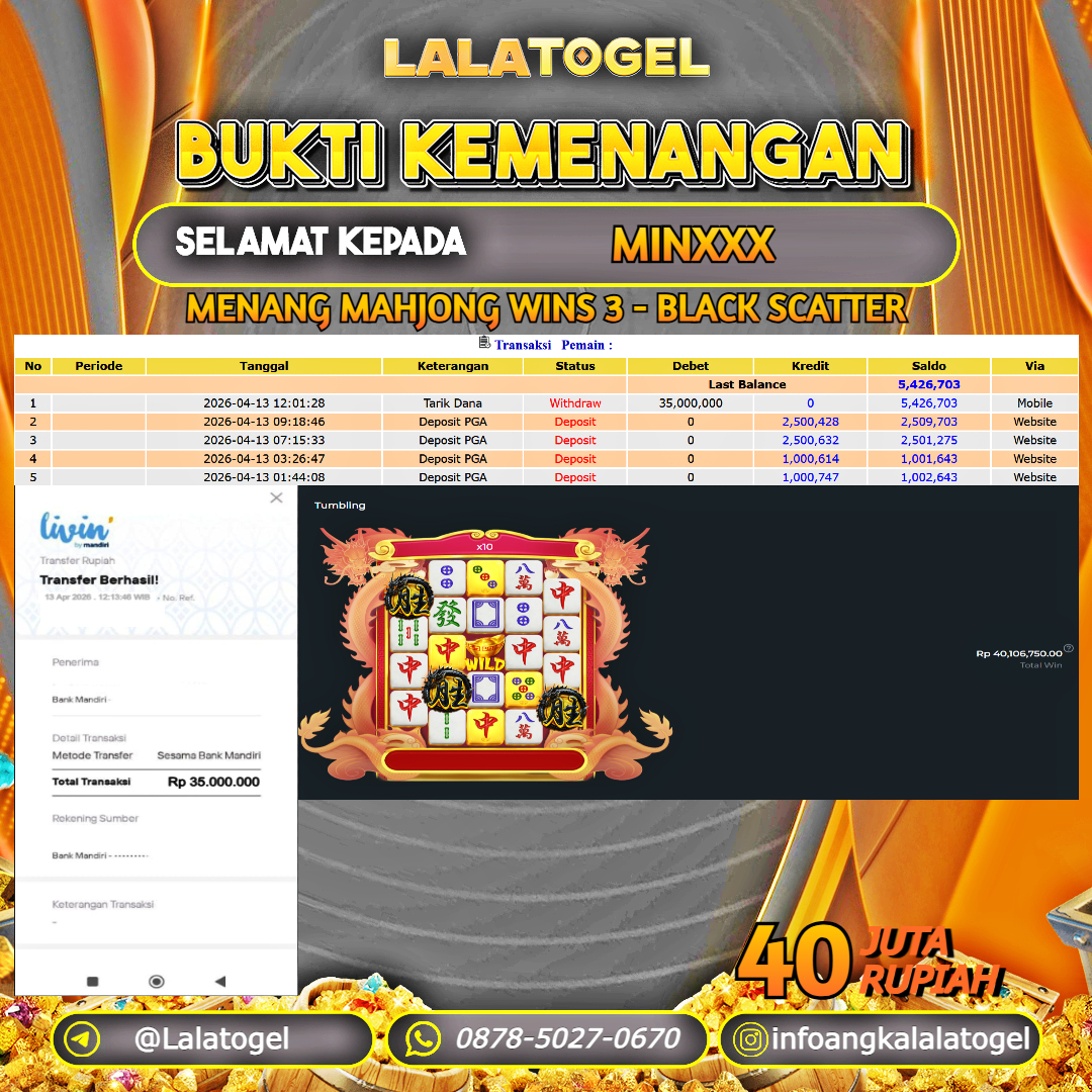 LALATOGEL JACKPOT SLOT MAHJONG WINS 3 - BLACK SCATTER RP.40.000.000, - LUNAS USER ID : MINXXX