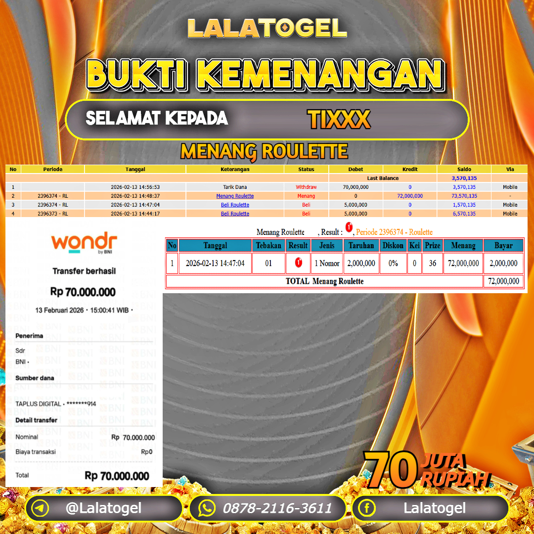 LALATOGEL JACKPOT LIVE GAMES ROULETTE RP.70.000.000, - LUNAS USER ID :  TIXXX 