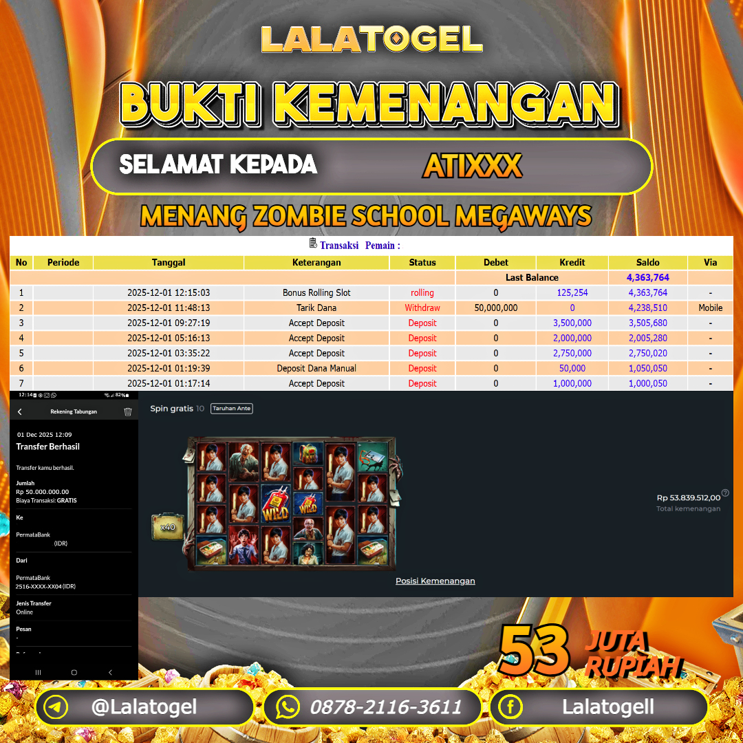 LALATOGEL JACKPOT SLOT ZOMBIE SCHOOL MEGAWAYS RP.53.000.000, - LUNAS USER  ID  :  ATIXXX
