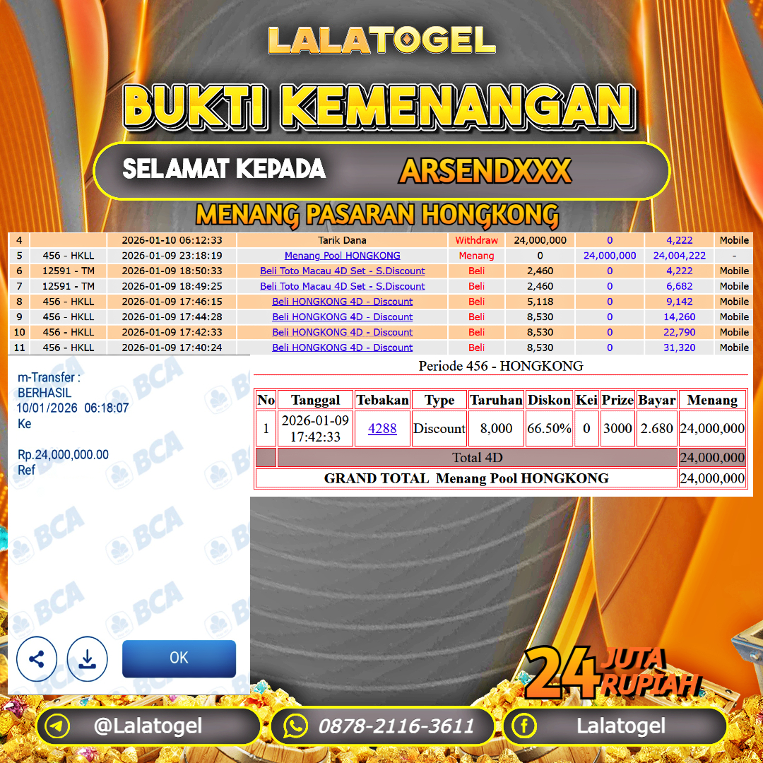 LALATOGEL JACKPOT TOGEL PASARAN HONGKONG RP.24.000.000, - LUNAS USER ID :  ARSENDXXX 