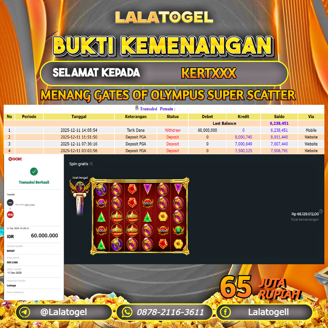 LALATOGEL JACKPOT SLOT GATES OF OLYMPUS SUPER SCATTER RP.65.000.000, - LUNAS USER  ID  :  KERTXXX