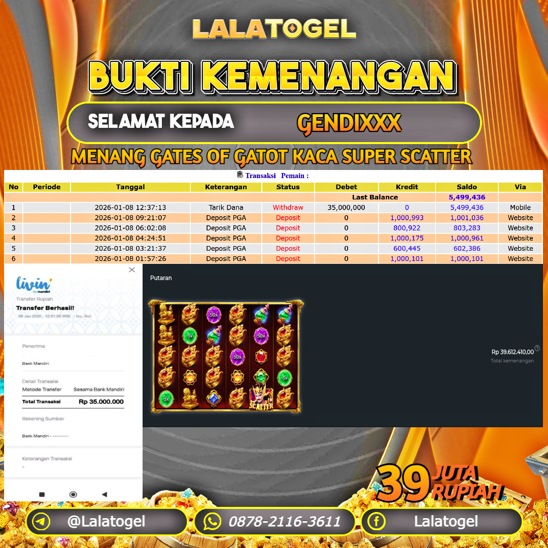 LALATOGEL JACKPOT SLOT GATES OF GATOT KACA SUPER SCATTER RP.39.000.000, - LUNAS USER ID : GENDIXXX 