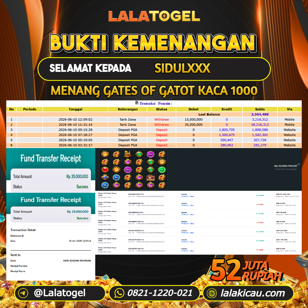 LALATOGEL JACKPOT SLOT GATES OF GATOT KACA 1000 RP.52.000.000, - LUNAS USER ID :  SIDULXXX 