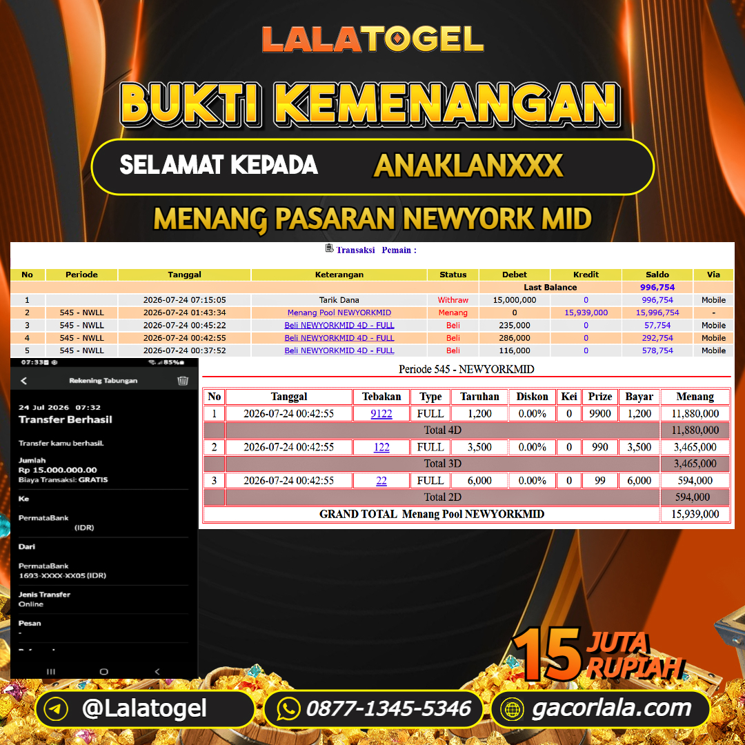 LALATOGEL JACKPOT TOGEL PASARAN NEWYORK MID RP.15.000.000, - LUNAS USER ID : ANAKLANXXX  