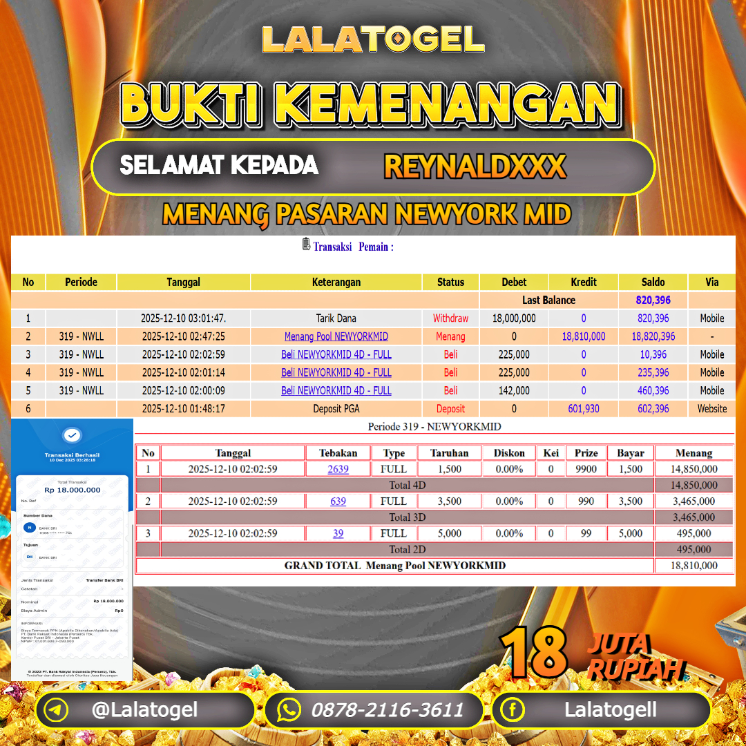 LALATOGEL JACKPOT TOGEL PASARAN NEWYORK MID RP.18.000.000, - LUNAS USER ID : REYNALDXXX	